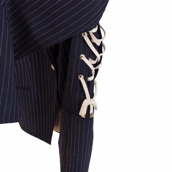 VERONICA BEARD Taylor Lace Up Sides Navy Pinstripe Blazer Jacket Size 8 - Picture 4 of 5